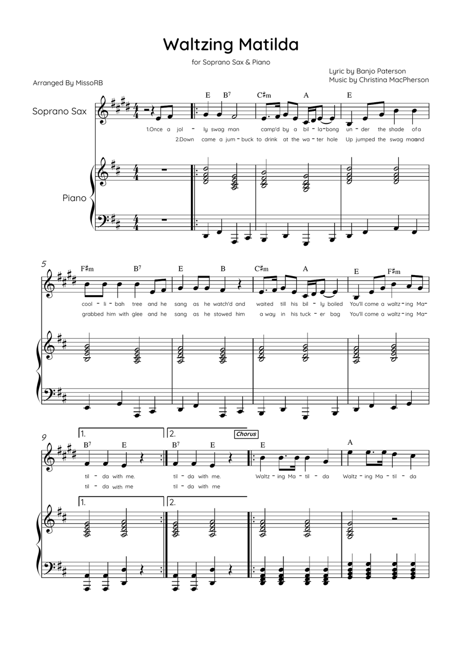 Waltzing Matilda - Soprano Sax & Piano in D Major With Lyrics & Chords Soprano Saxophone scores gallery preview page 1