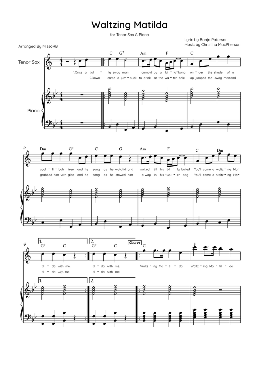 Waltzing Matilda - Tenor Sax & Piano in Bb Major With Lyrics & Chords Tenor Saxophone scores gallery preview page 1