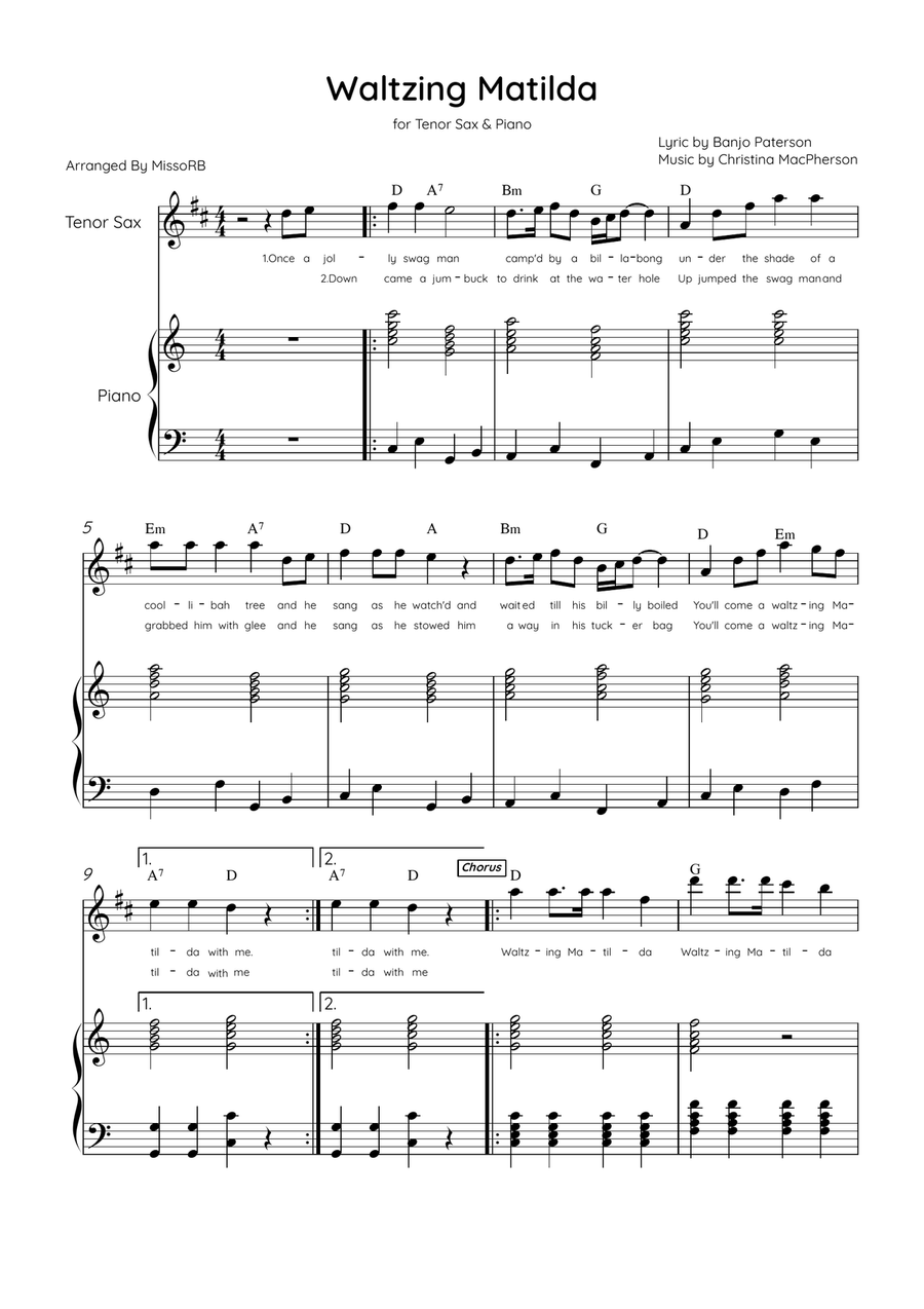 Waltzing Matilda - Tenor Sax & Piano in C Major With Lyrics & Chords Tenor Saxophone scores gallery preview page 1