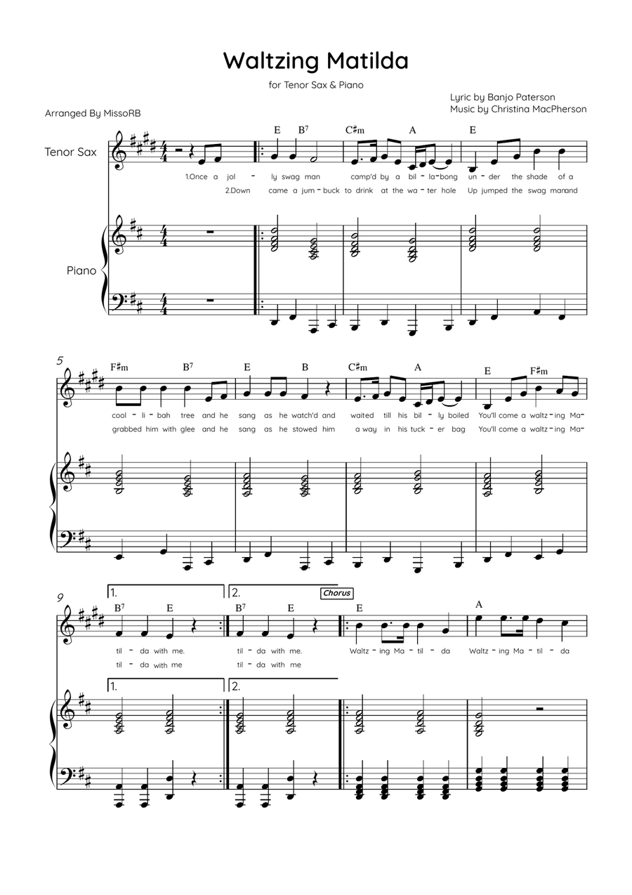 Waltzing Matilda - Tenor Sax & Piano in D Major With Lyrics & Chords Tenor Saxophone scores gallery preview page 1