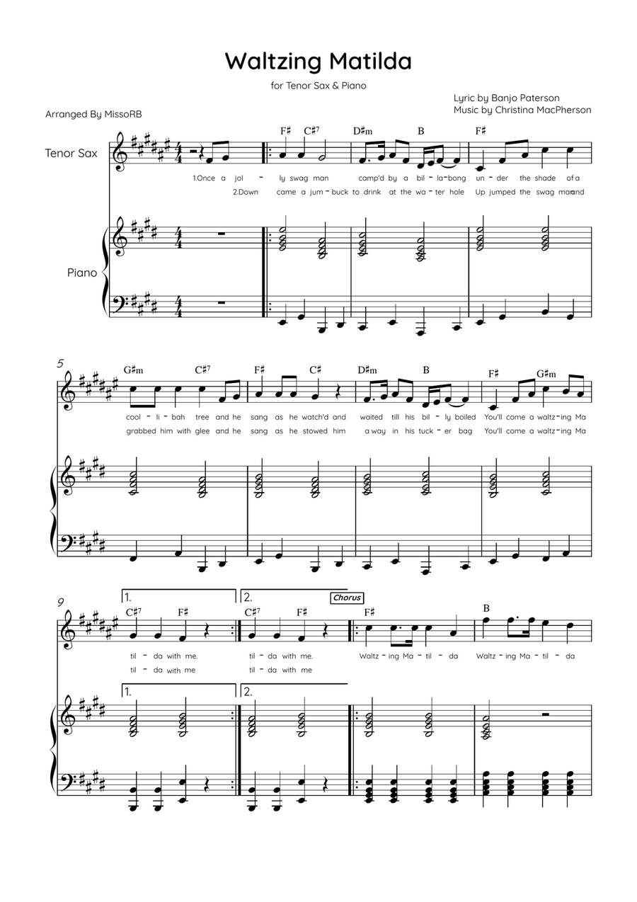 Waltzing Matilda - Tenor Sax & Piano in E Major With Lyrics & Chords Tenor Saxophone scores gallery preview page 1