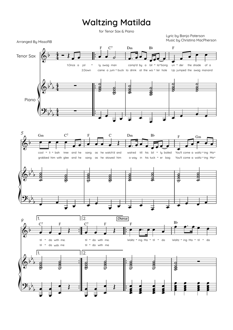 Waltzing Matilda - Tenor Sax & Piano in Eb Major With Lyrics & Chords Tenor Saxophone scores gallery preview page 1
