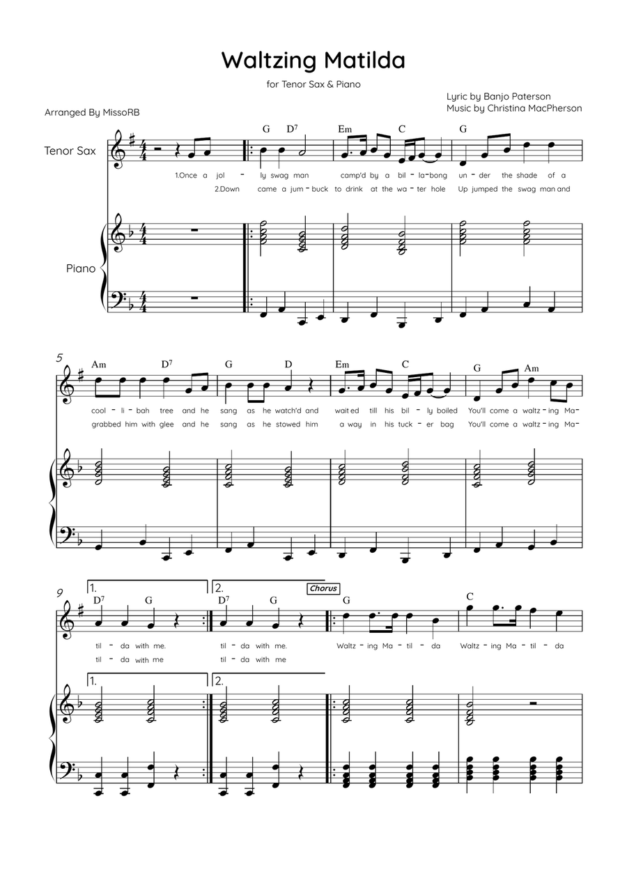 Waltzing Matilda - Tenor Sax & Piano in F Major With Lyrics & Chords Tenor Saxophone scores gallery preview page 1