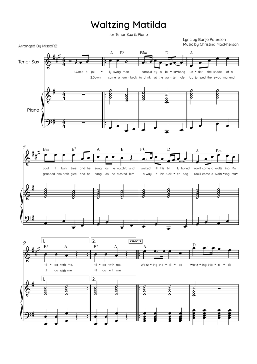 Waltzing Matilda - Tenor Sax & Piano in G Major With Lyrics & Chords Tenor Saxophone scores gallery preview page 1
