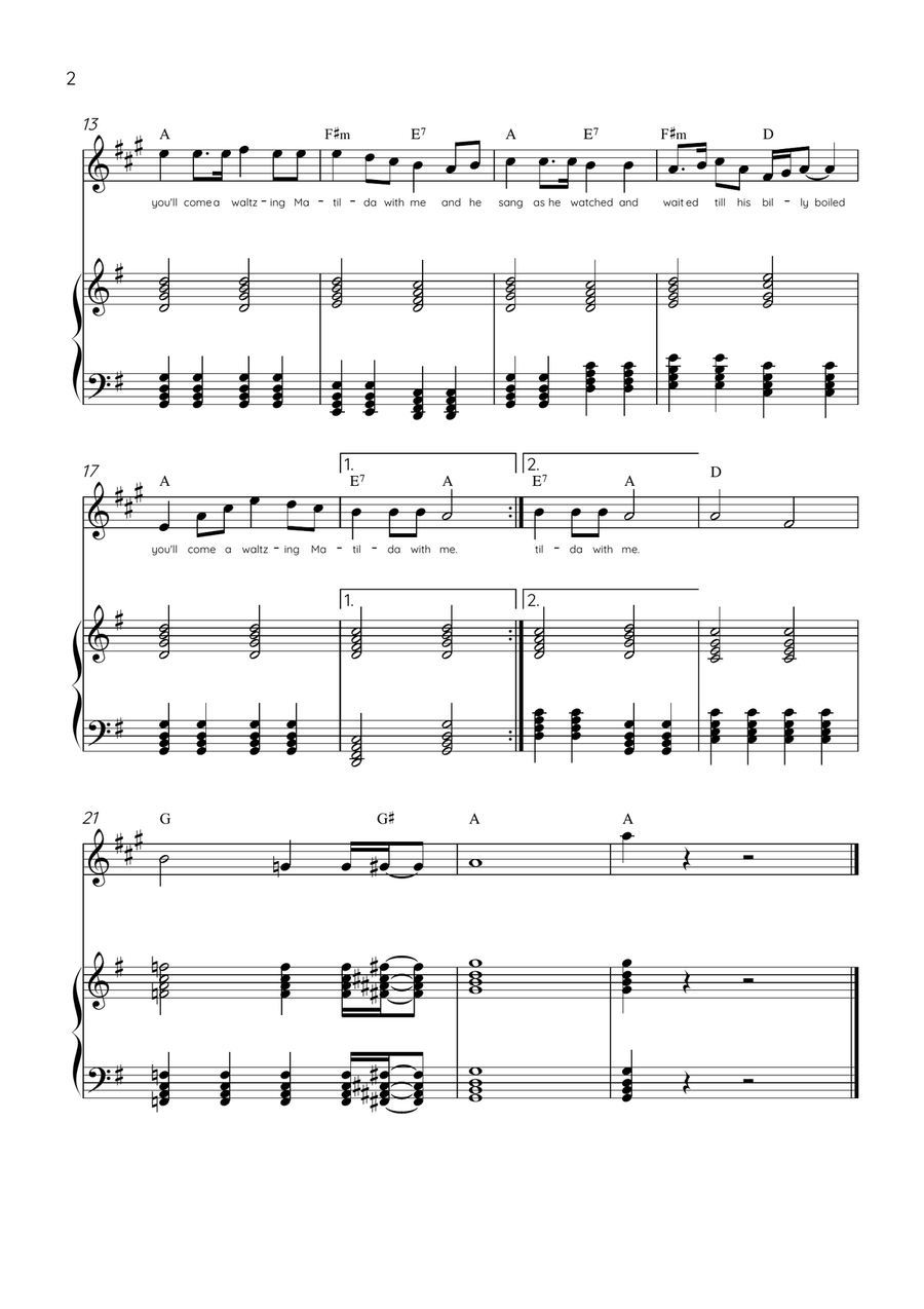 Waltzing Matilda - Tenor Sax & Piano in G Major With Lyrics & Chords Tenor Saxophone scores gallery preview page 2