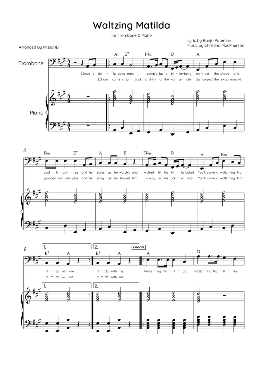 Waltzing Matilda - Trombone & Piano in A Major With Lyrics & Chords Piano scores gallery preview page 1