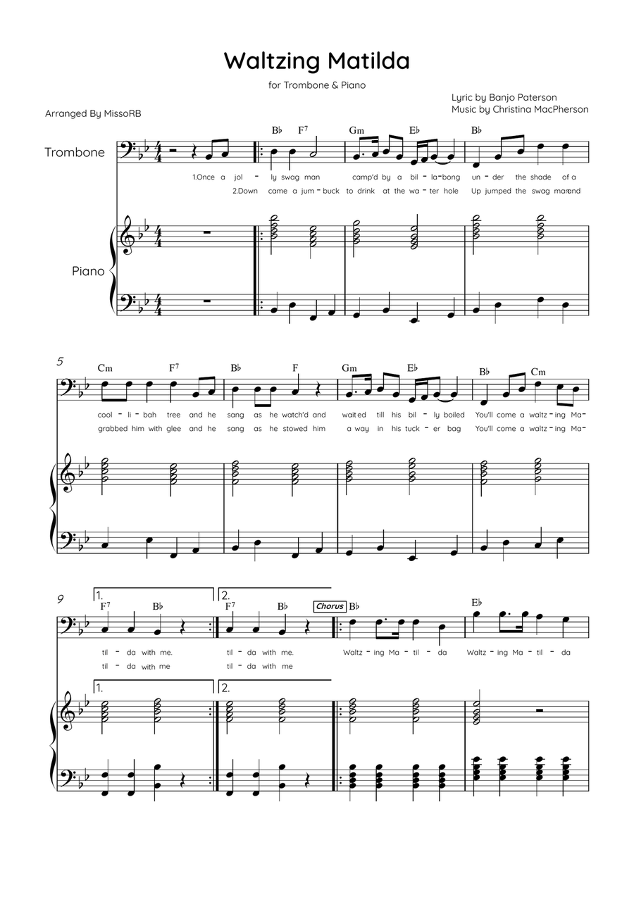 Waltzing Matilda - Trombone & Piano in Bb Major With Lyrics & Chords Piano scores gallery preview page 1