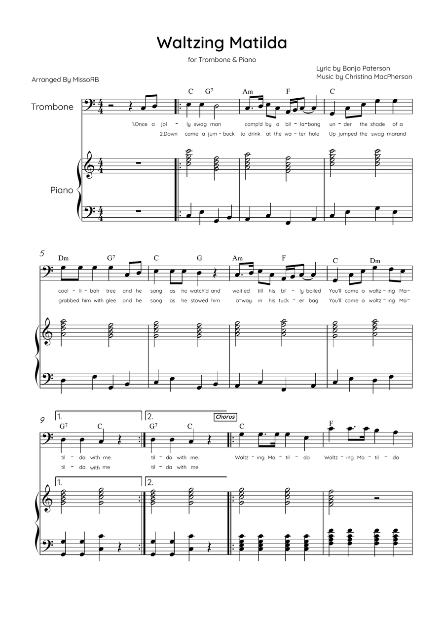 Waltzing Matilda - Trombone & Piano in C Major With Lyrics & Chords Piano scores gallery preview page 1