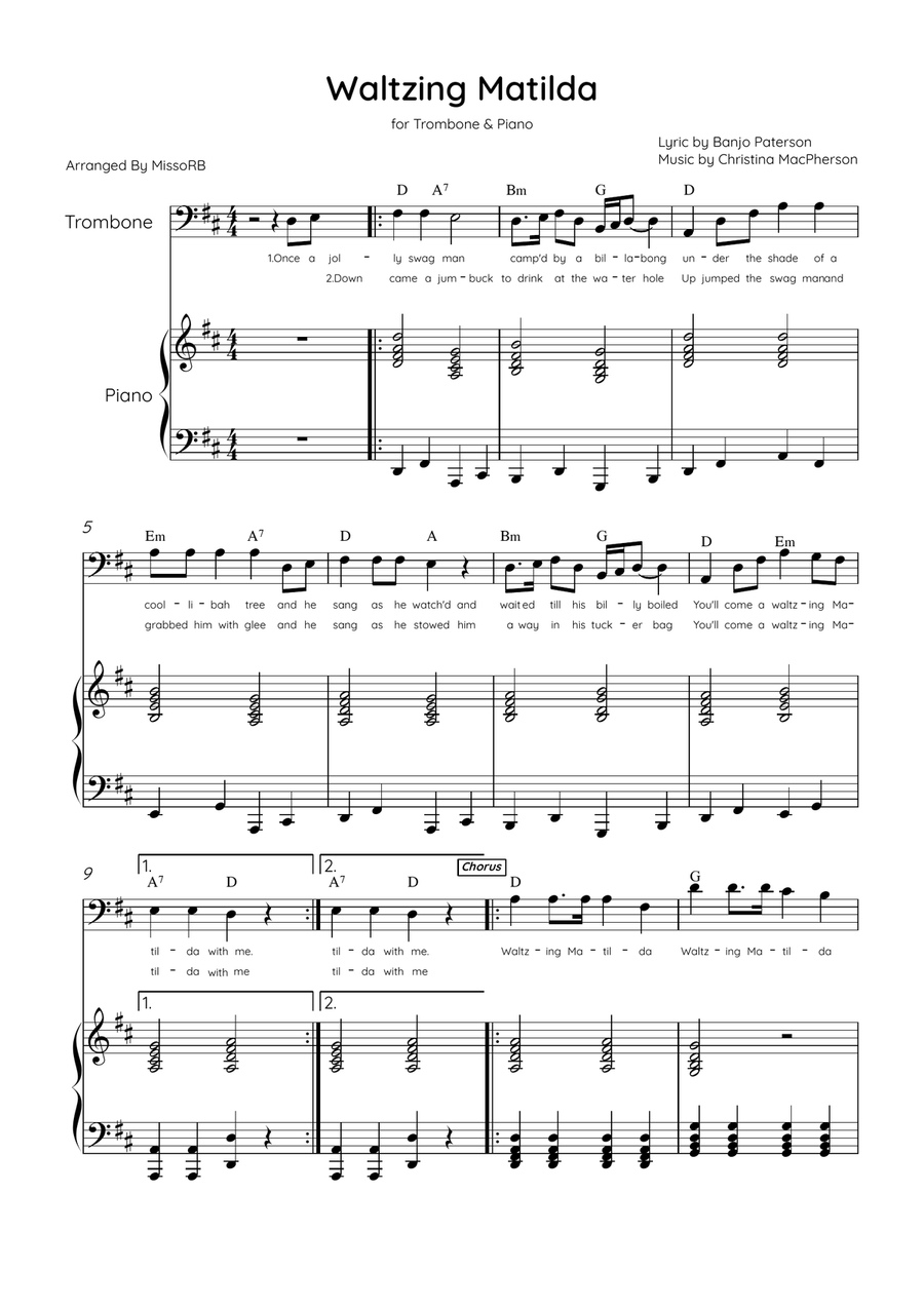 Waltzing Matilda - Trombone & Piano in D Major With Lyrics & Chords Piano scores gallery preview page 1