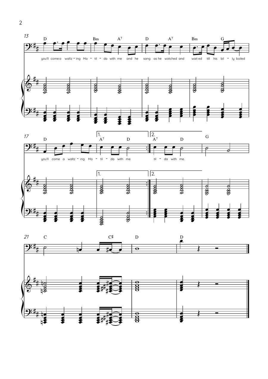 Waltzing Matilda - Trombone & Piano in D Major With Lyrics & Chords Piano scores gallery preview page 2