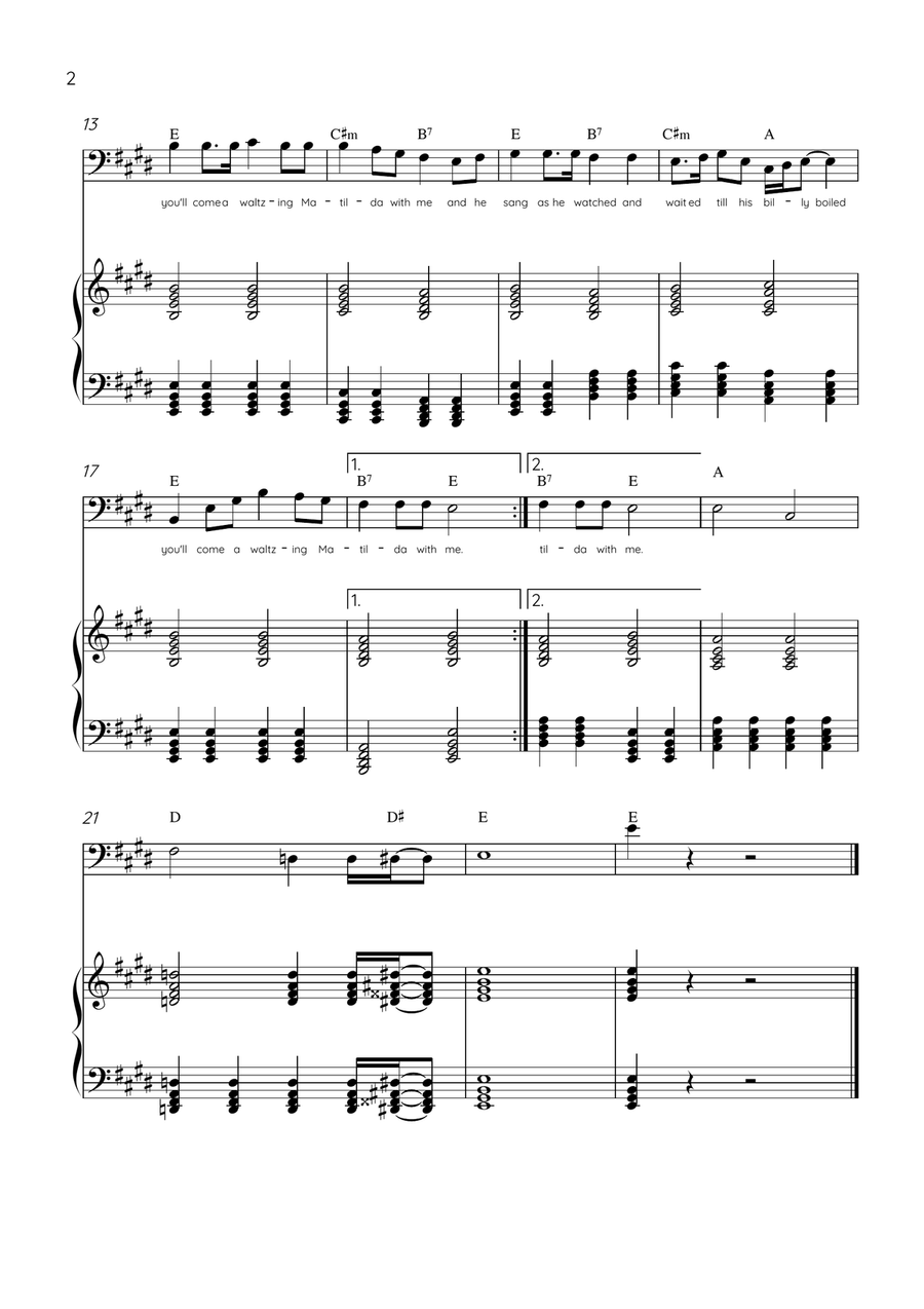 Waltzing Matilda - Trombone & Piano in E Major With Lyrics & Chords Piano scores gallery preview page 2