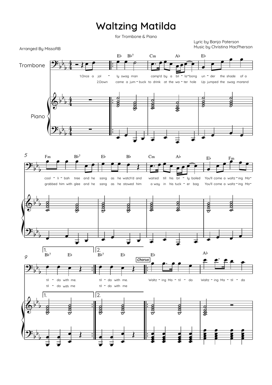 Waltzing Matilda - Trombone & Piano in Eb Major With Lyrics & Chords Piano scores gallery preview page 1