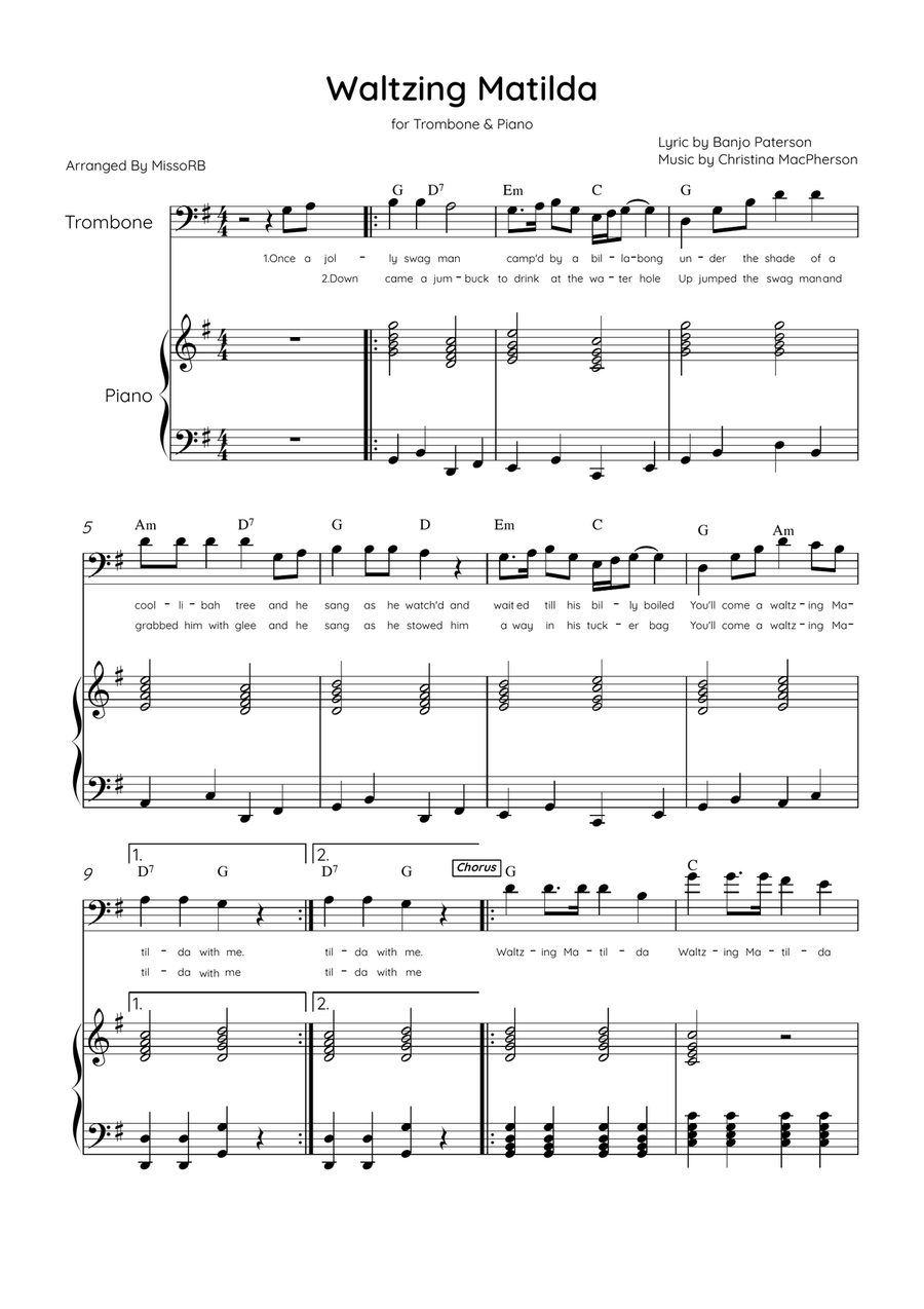 Waltzing Matilda - Trombone & Piano in G Major With Lyrics & Chords Piano scores gallery preview page 1