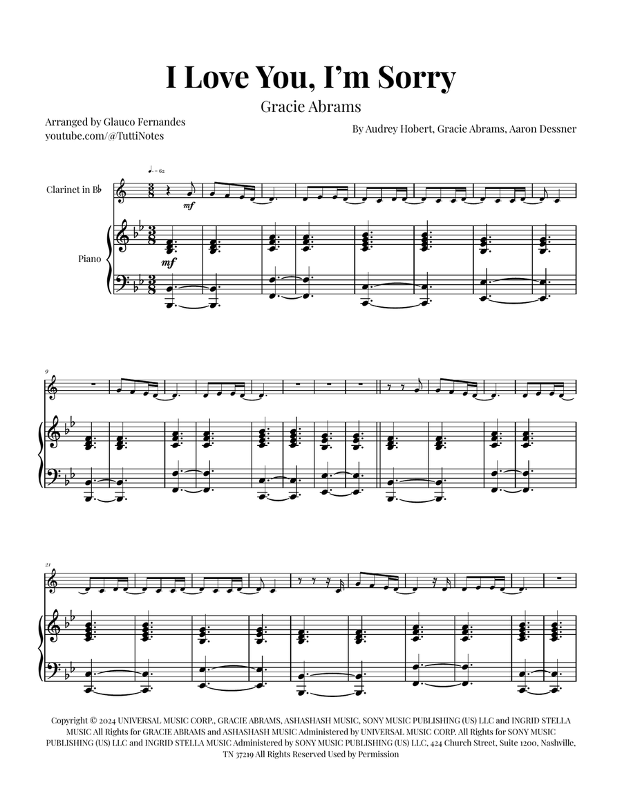 I Love You, I'm Sorry B-Flat Clarinet scores gallery preview page 1