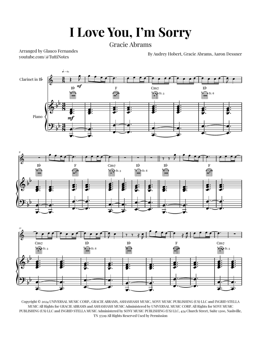 I Love You, I'm Sorry B-Flat Clarinet scores gallery preview page 1