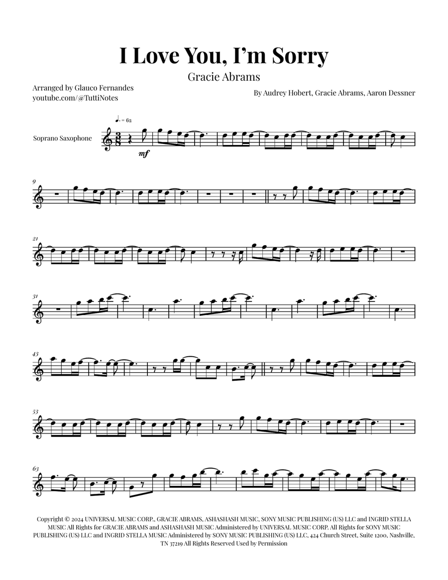 I Love You, I'm Sorry Soprano Saxophone scores gallery preview page 1