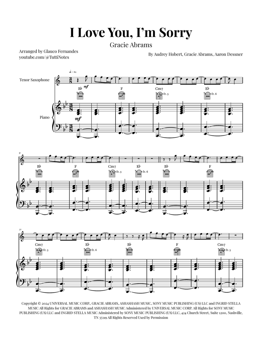 I Love You, I'm Sorry Tenor Saxophone scores gallery preview page 1