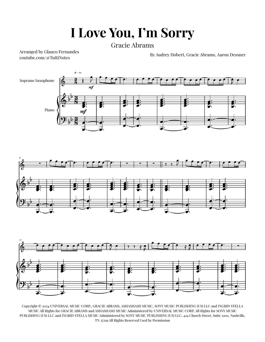 I Love You, I'm Sorry Soprano Saxophone scores gallery preview page 1