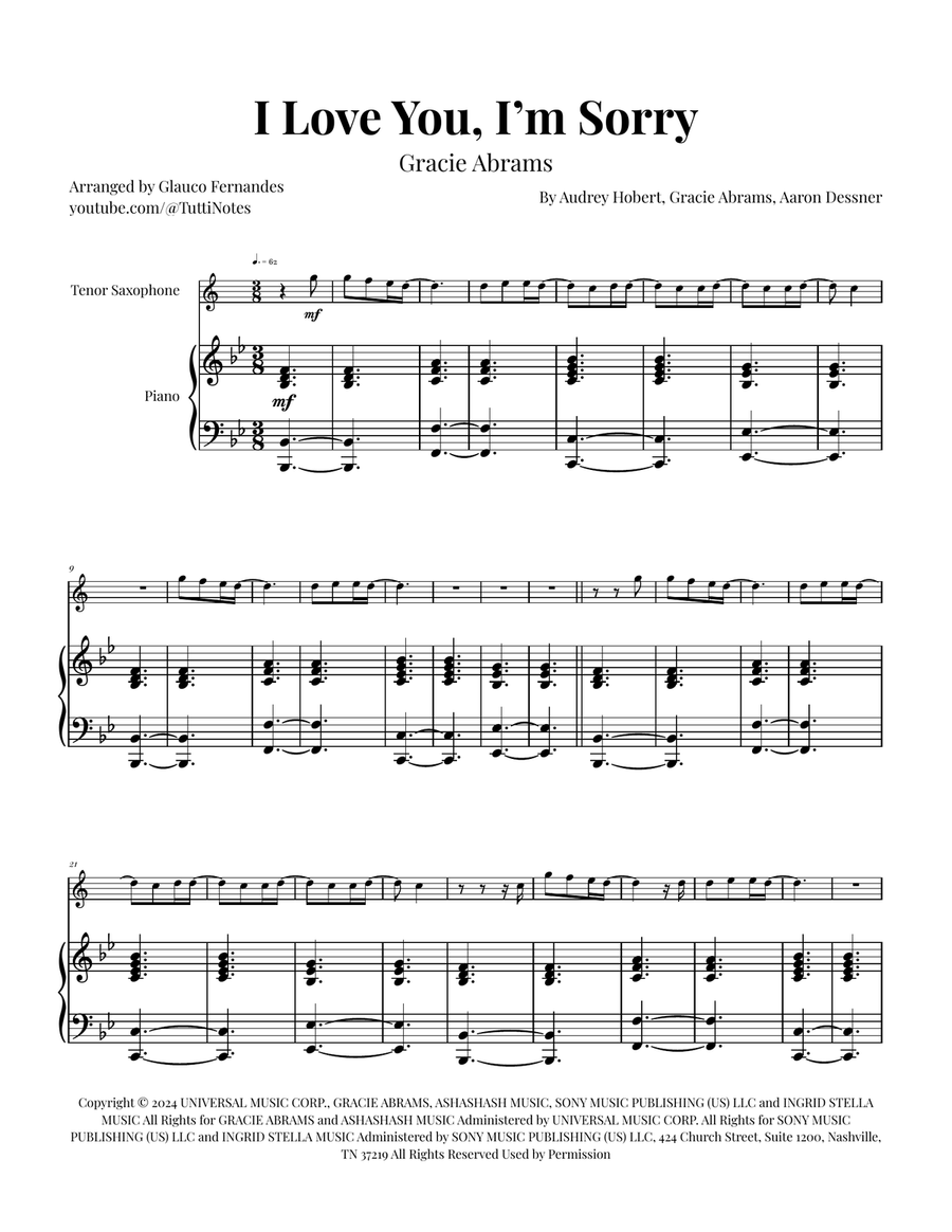 I Love You, I'm Sorry Tenor Saxophone scores gallery preview page 1
