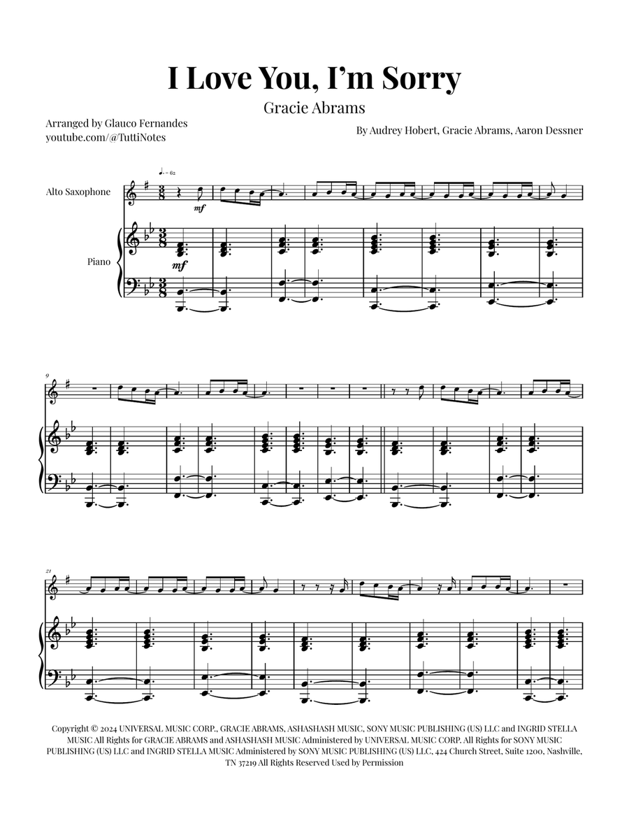 I Love You, I'm Sorry Alto Saxophone scores gallery preview page 1