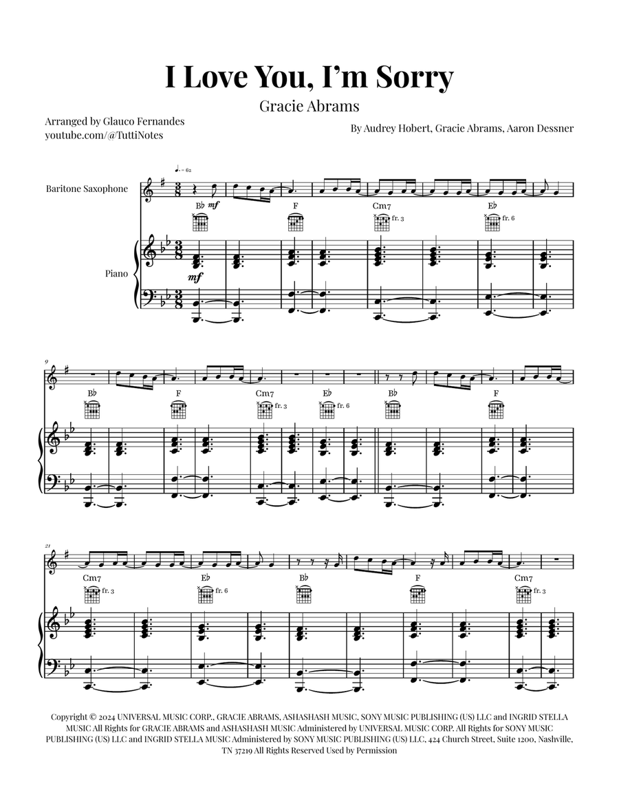 I Love You, I'm Sorry Baritone Saxophone scores gallery preview page 1