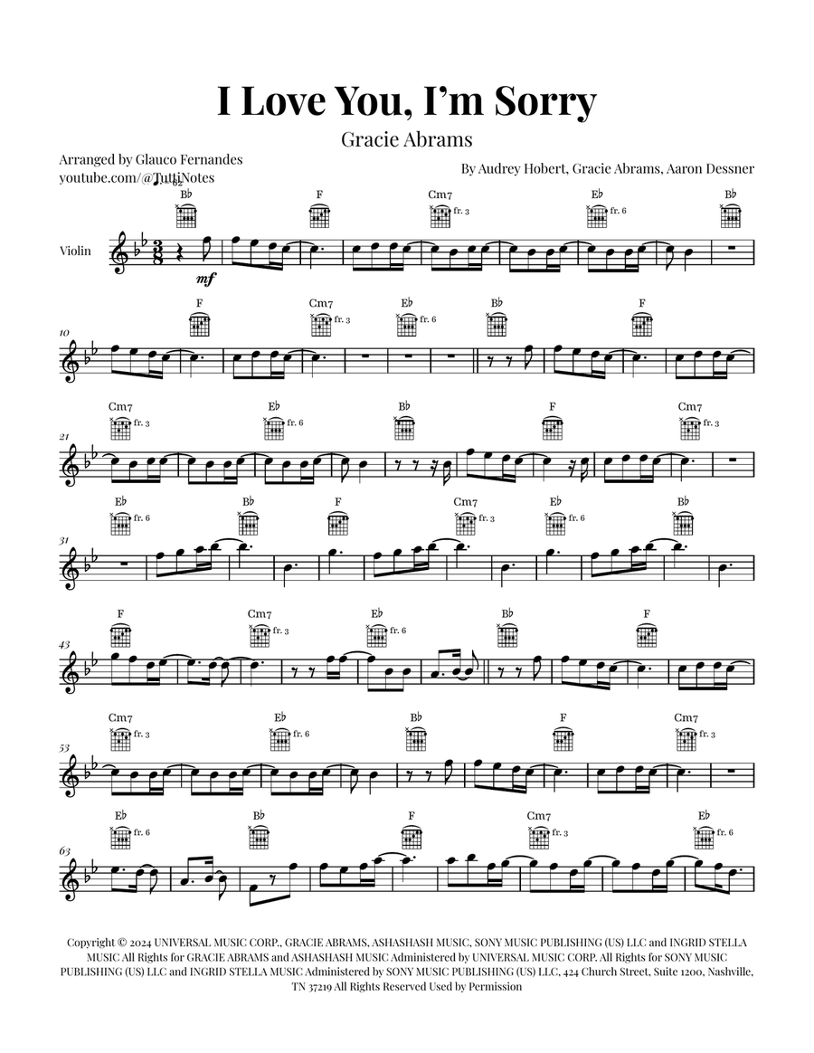 I Love You, I'm Sorry Violin Solo scores gallery preview page 1