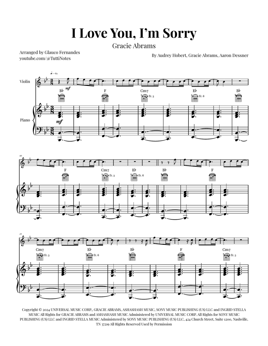 I Love You, I'm Sorry Violin Solo scores gallery preview page 1