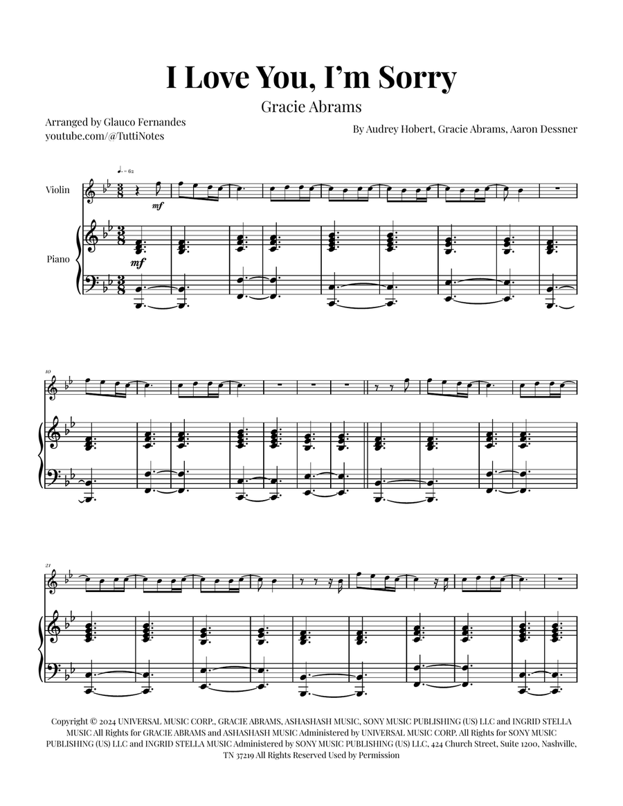 I Love You, I'm Sorry Violin Solo scores gallery preview page 1