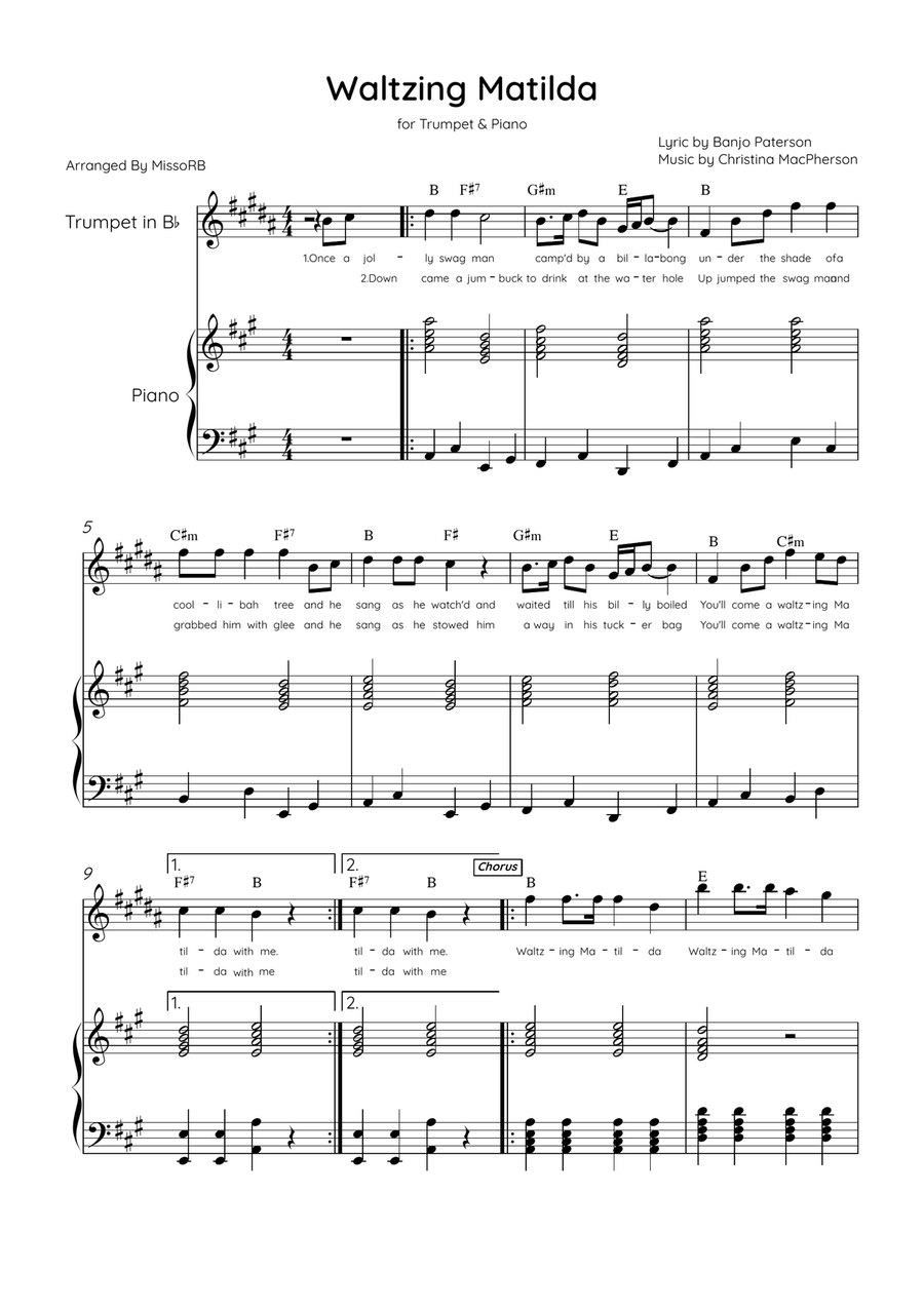 Waltzing Matilda - Trumpet & Piano in A Major With Lyrics & Chords B-Flat Trumpet scores gallery preview page 1