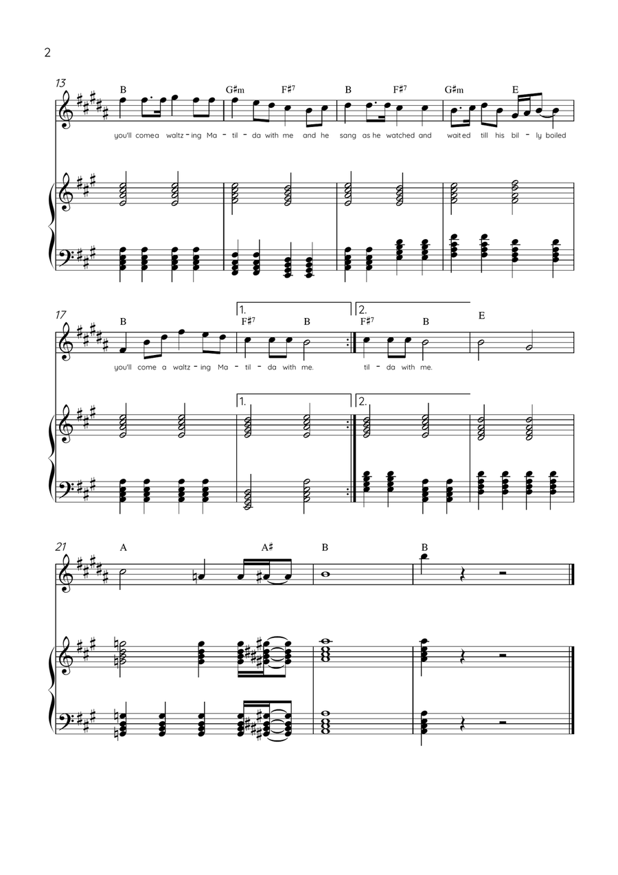 Waltzing Matilda - Trumpet & Piano in A Major With Lyrics & Chords B-Flat Trumpet scores gallery preview page 2