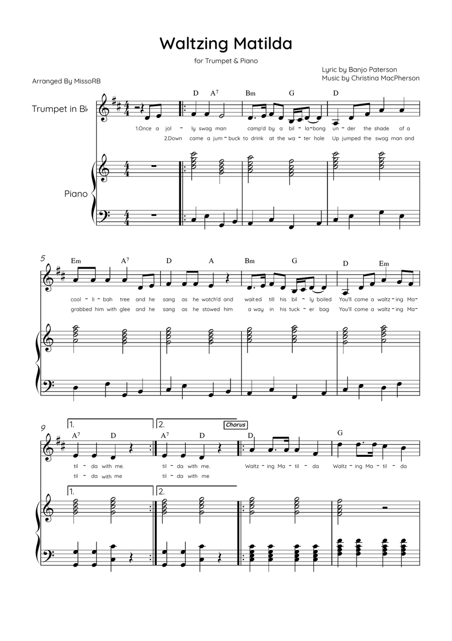 Waltzing Matilda - Trumpet & Piano in C Major With Lyrics & Chords B-Flat Trumpet scores gallery preview page 1