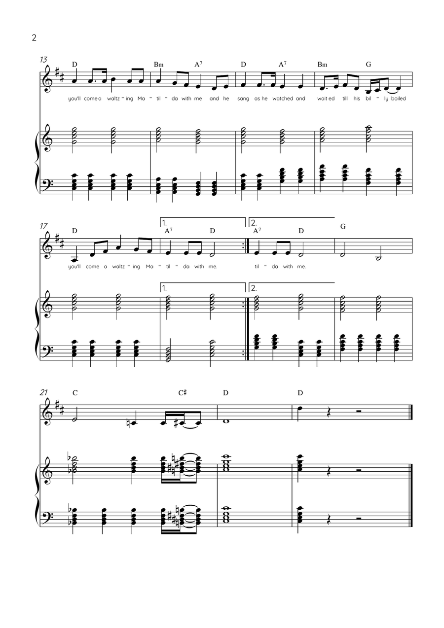 Waltzing Matilda - Trumpet & Piano in C Major With Lyrics & Chords B-Flat Trumpet scores gallery preview page 2