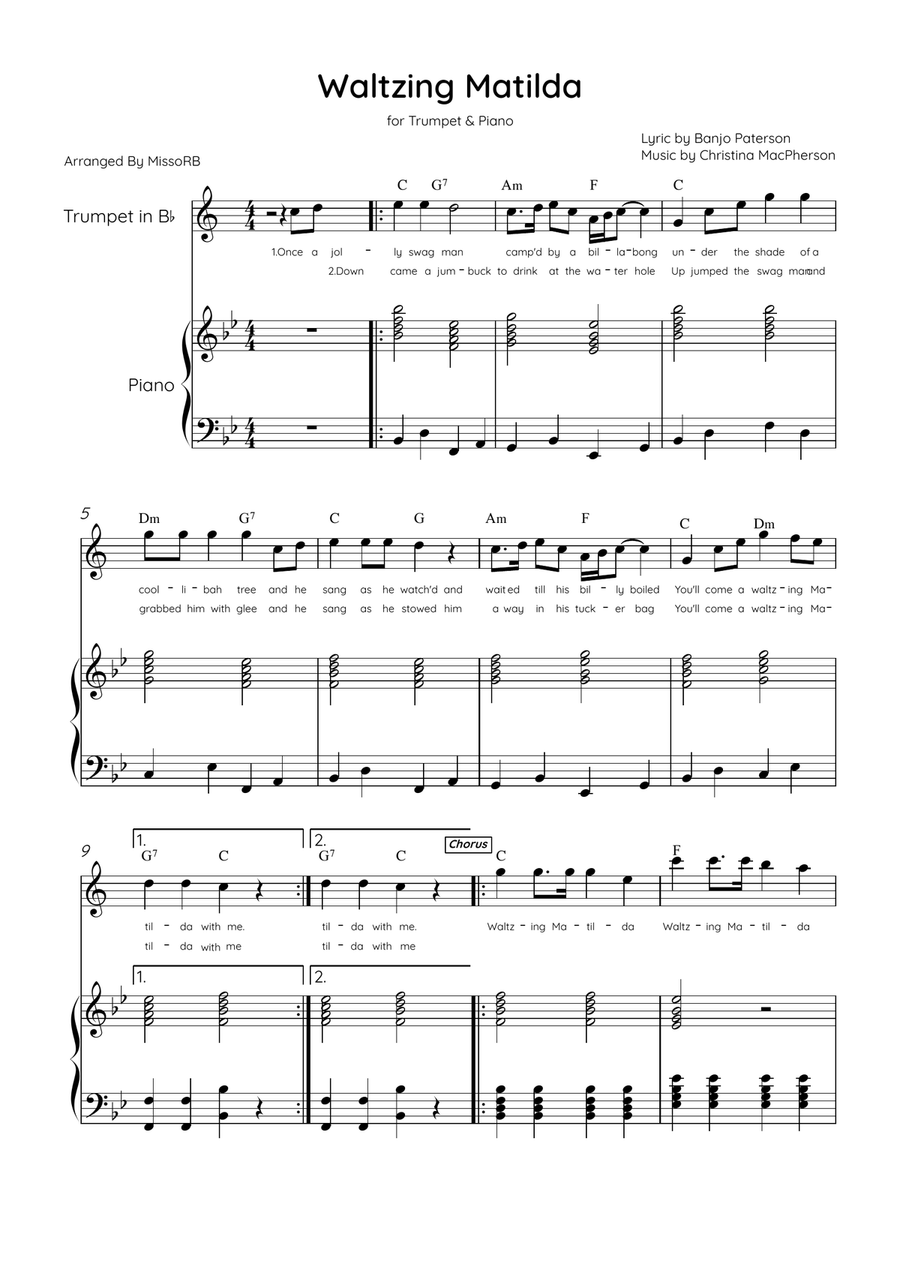 Waltzing Matilda - Trumpet & Piano in Bb Major With Lyrics & Chords B-Flat Trumpet scores gallery preview page 1