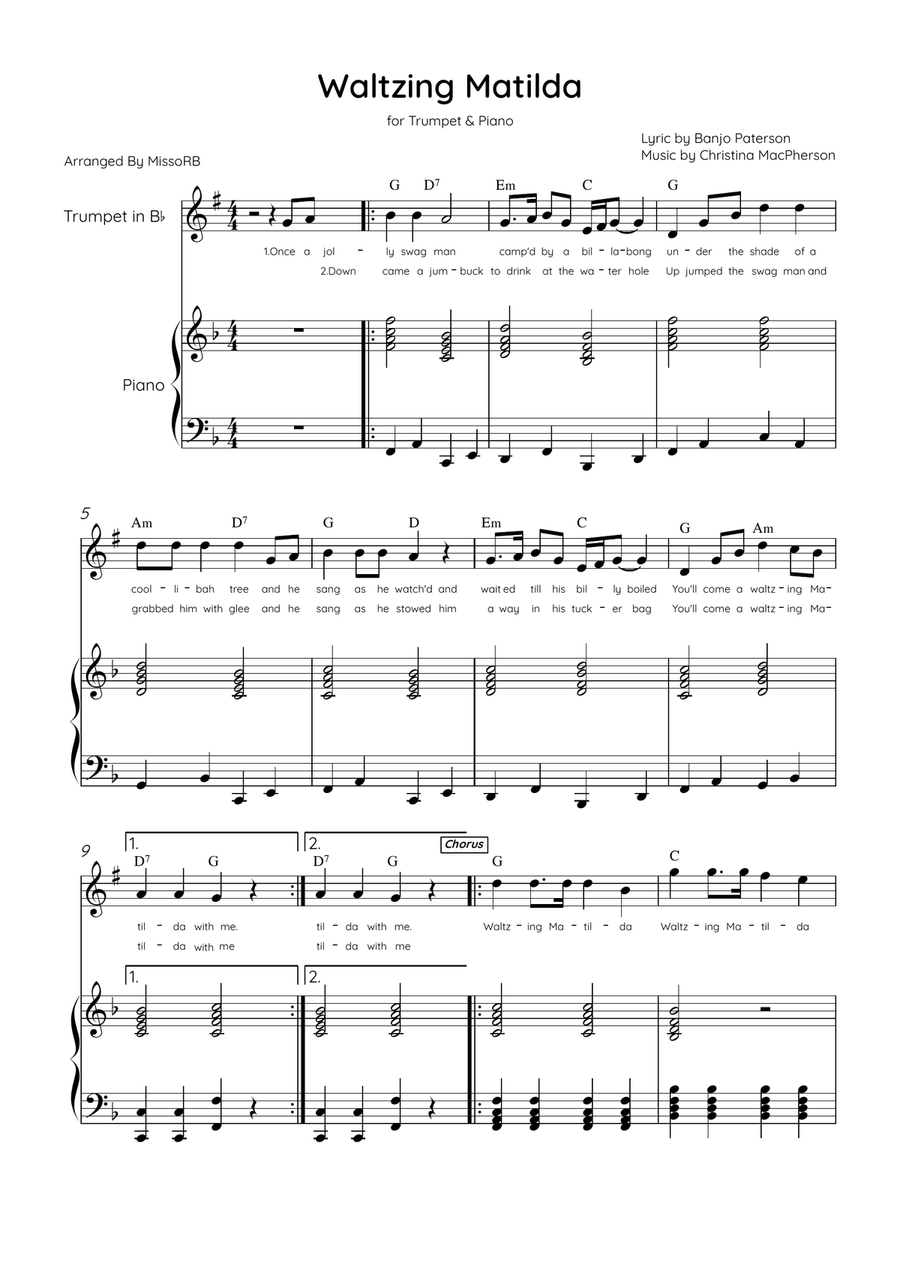 Waltzing Matilda - Trumpet & Piano in F Major With Lyrics & Chords B-Flat Trumpet scores gallery preview page 1
