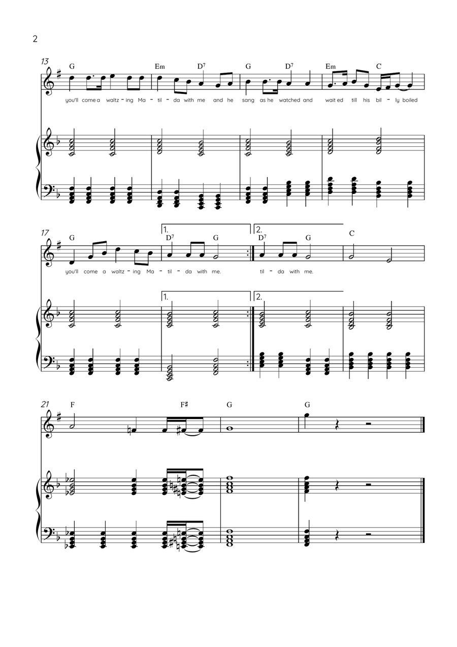 Waltzing Matilda - Trumpet & Piano in F Major With Lyrics & Chords B-Flat Trumpet scores gallery preview page 2