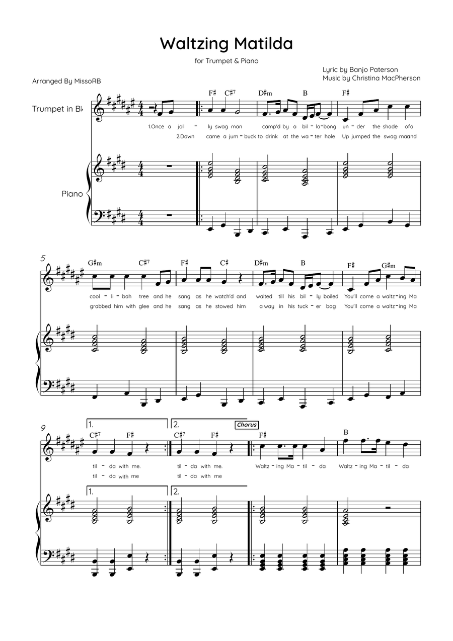 Waltzing Matilda - Trumpet & Piano in E Major With Lyrics & Chords B-Flat Trumpet scores gallery preview page 1