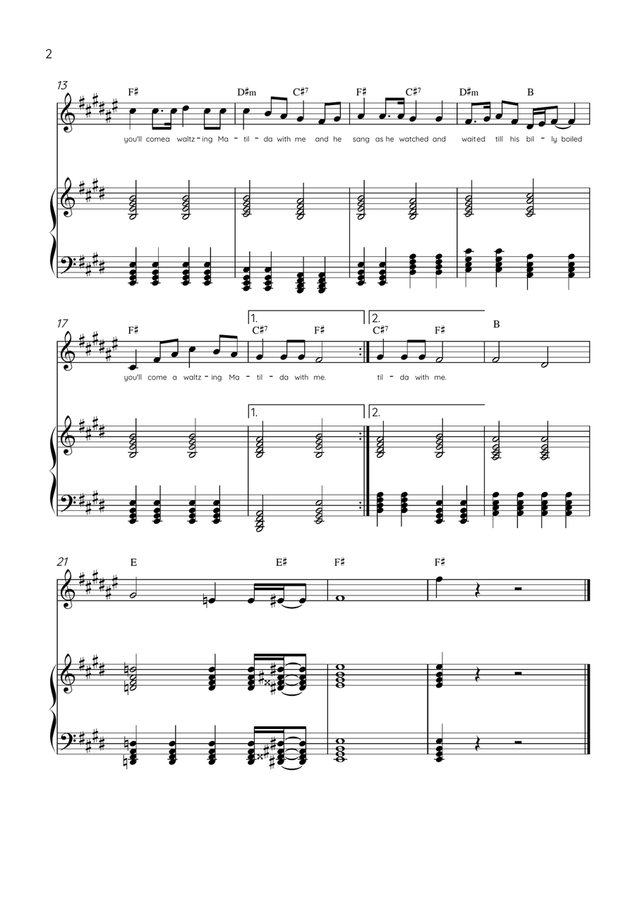Waltzing Matilda - Trumpet & Piano in E Major With Lyrics & Chords B-Flat Trumpet scores gallery preview page 2