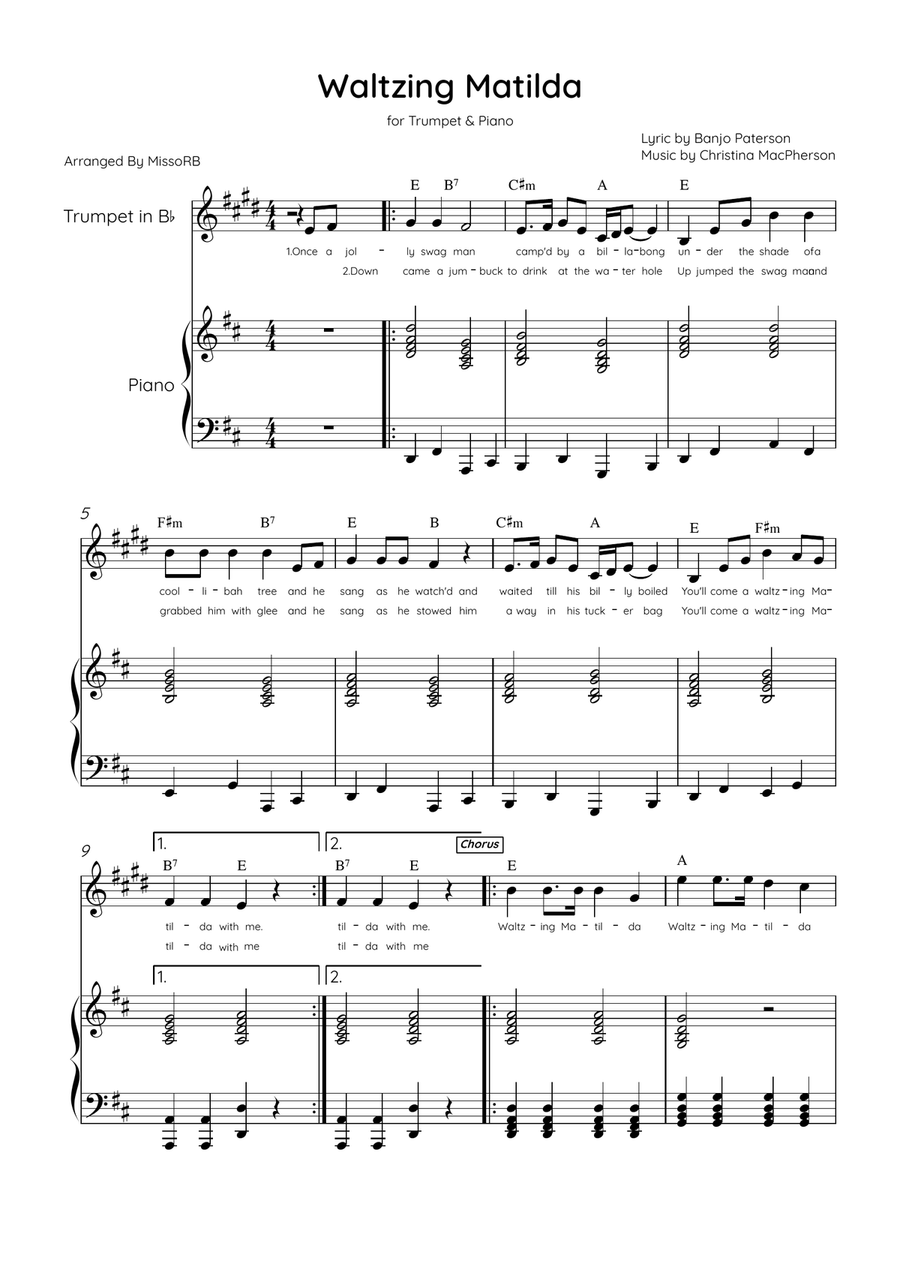 Waltzing Matilda - Trumpet & Piano in D Major With Lyrics & Chords B-Flat Trumpet scores gallery preview page 1