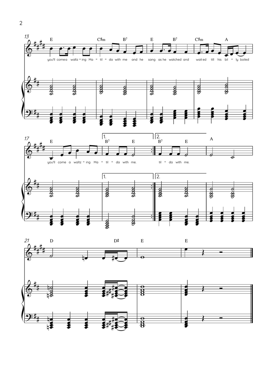 Waltzing Matilda - Trumpet & Piano in D Major With Lyrics & Chords B-Flat Trumpet scores gallery preview page 2