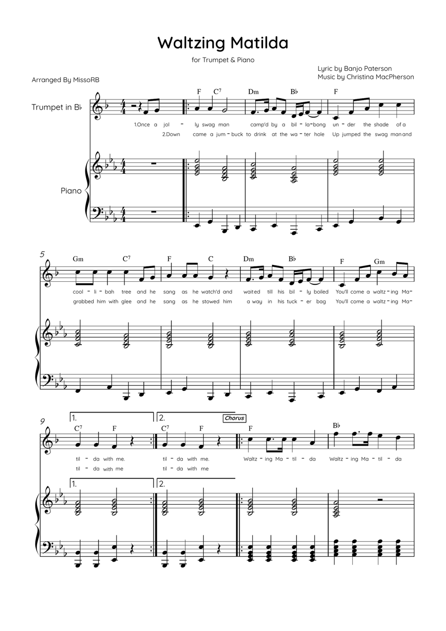 Waltzing Matilda - Trumpet & Piano in Eb Major With Lyrics & Chords B-Flat Trumpet scores gallery preview page 1