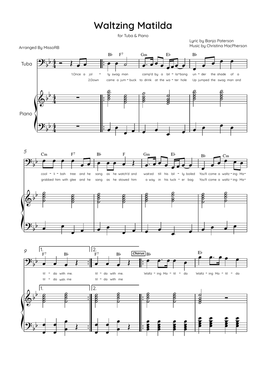 Waltzing Matilda - Tuba & Piano in Bb Major With Lyrics & Chords Tuba scores gallery preview page 1
