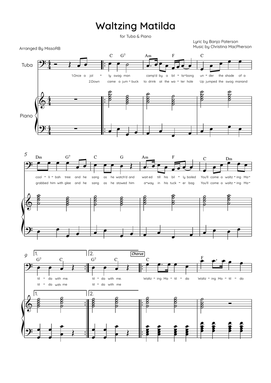 Waltzing Matilda - Tuba & Piano in C Major With Lyrics & Chords Tuba scores gallery preview page 1