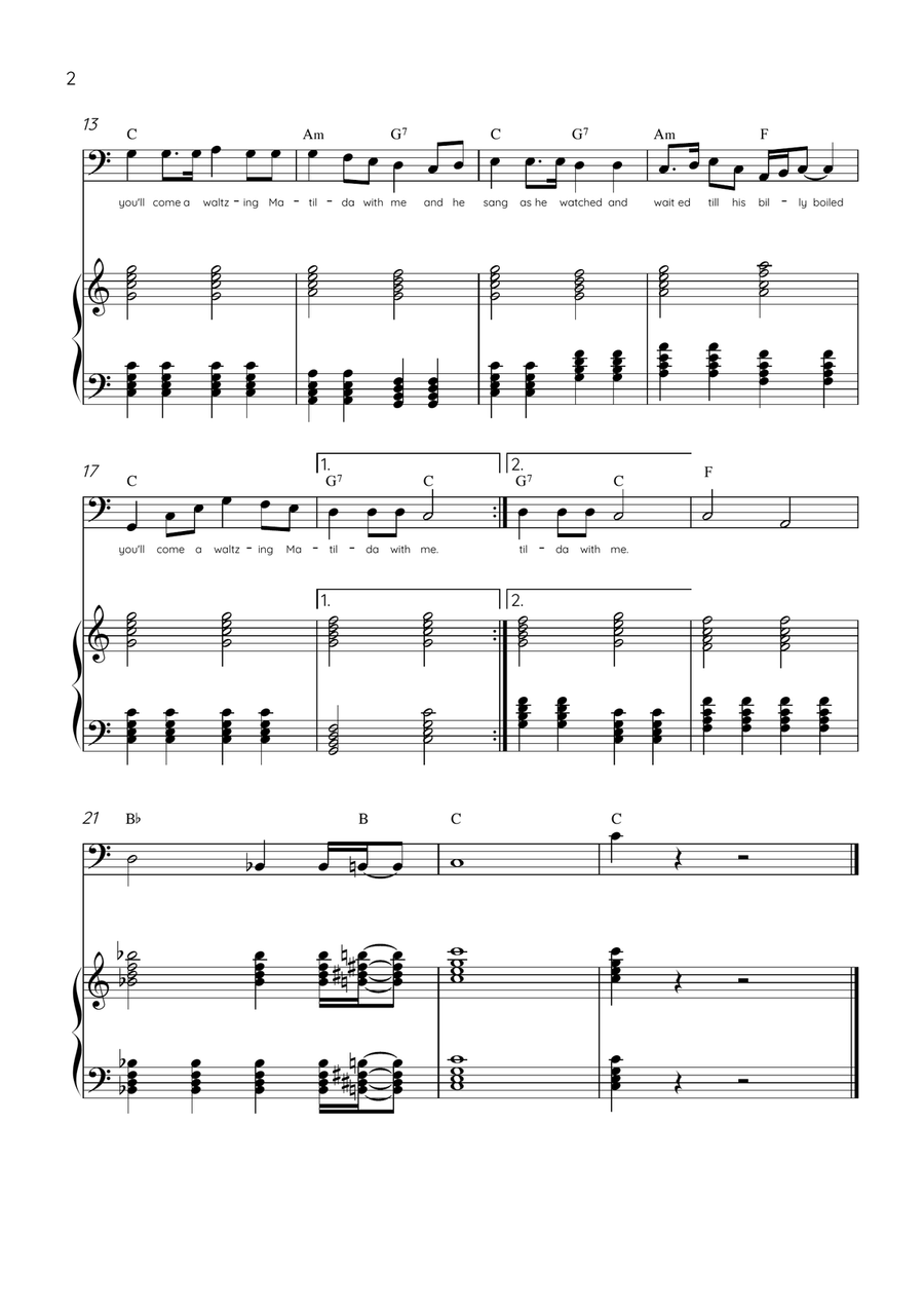 Waltzing Matilda - Tuba & Piano in C Major With Lyrics & Chords Tuba scores gallery preview page 2