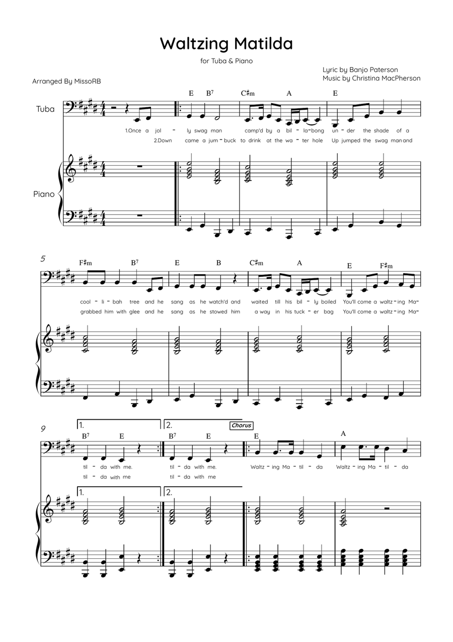 Waltzing Matilda - Tuba & Piano in E Major With Lyrics & Chords Tuba scores gallery preview page 1