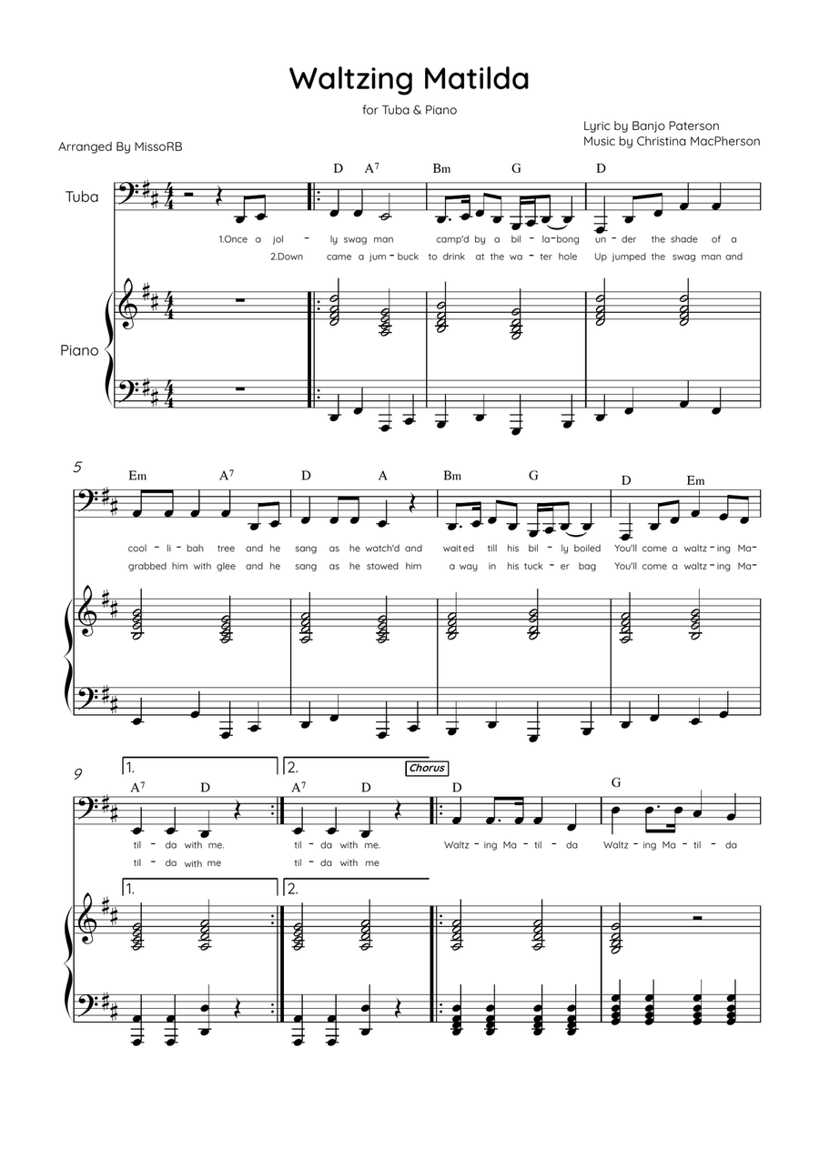 Waltzing Matilda - Tuba & Piano in D Major With Lyrics & Chords Tuba scores gallery preview page 1