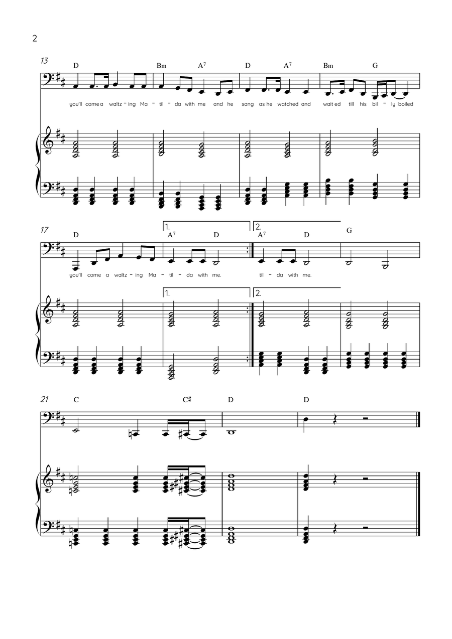 Waltzing Matilda - Tuba & Piano in D Major With Lyrics & Chords Tuba scores gallery preview page 2