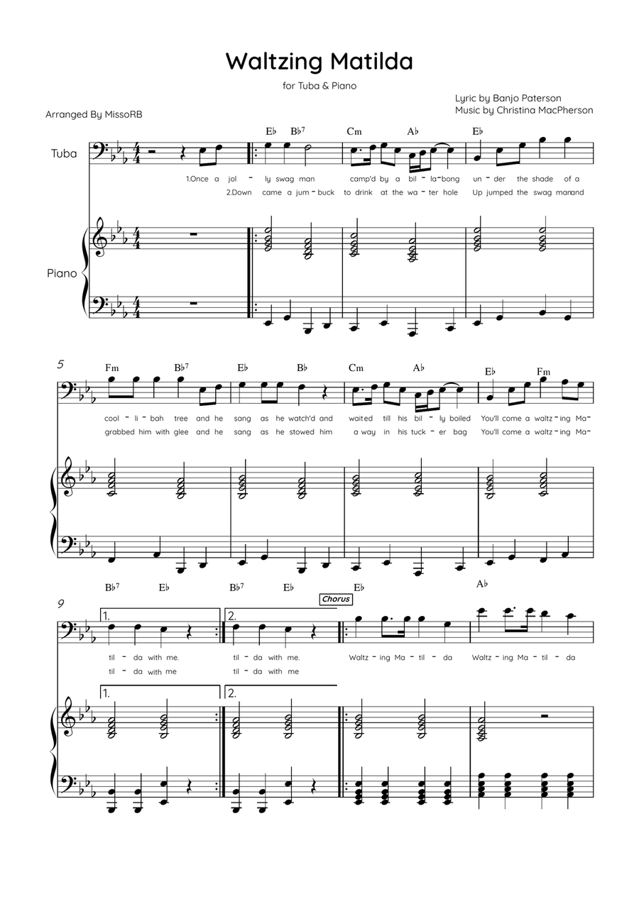 Waltzing Matilda - Tuba & Piano in Eb Major With Lyrics & Chords Tuba scores gallery preview page 1