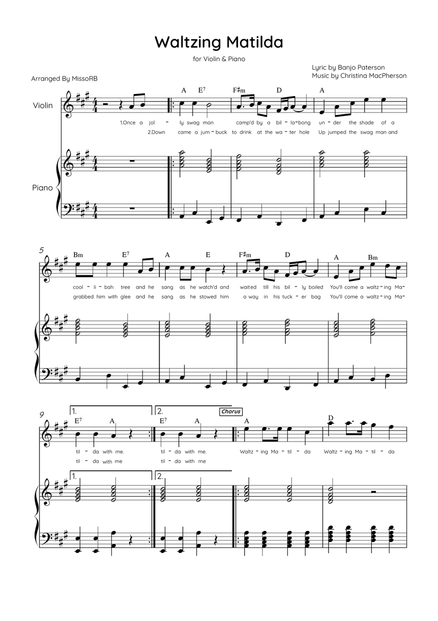 Waltzing Matilda - Violin & Piano in A Major With Lyrics & Chords Violin Solo scores gallery preview page 1