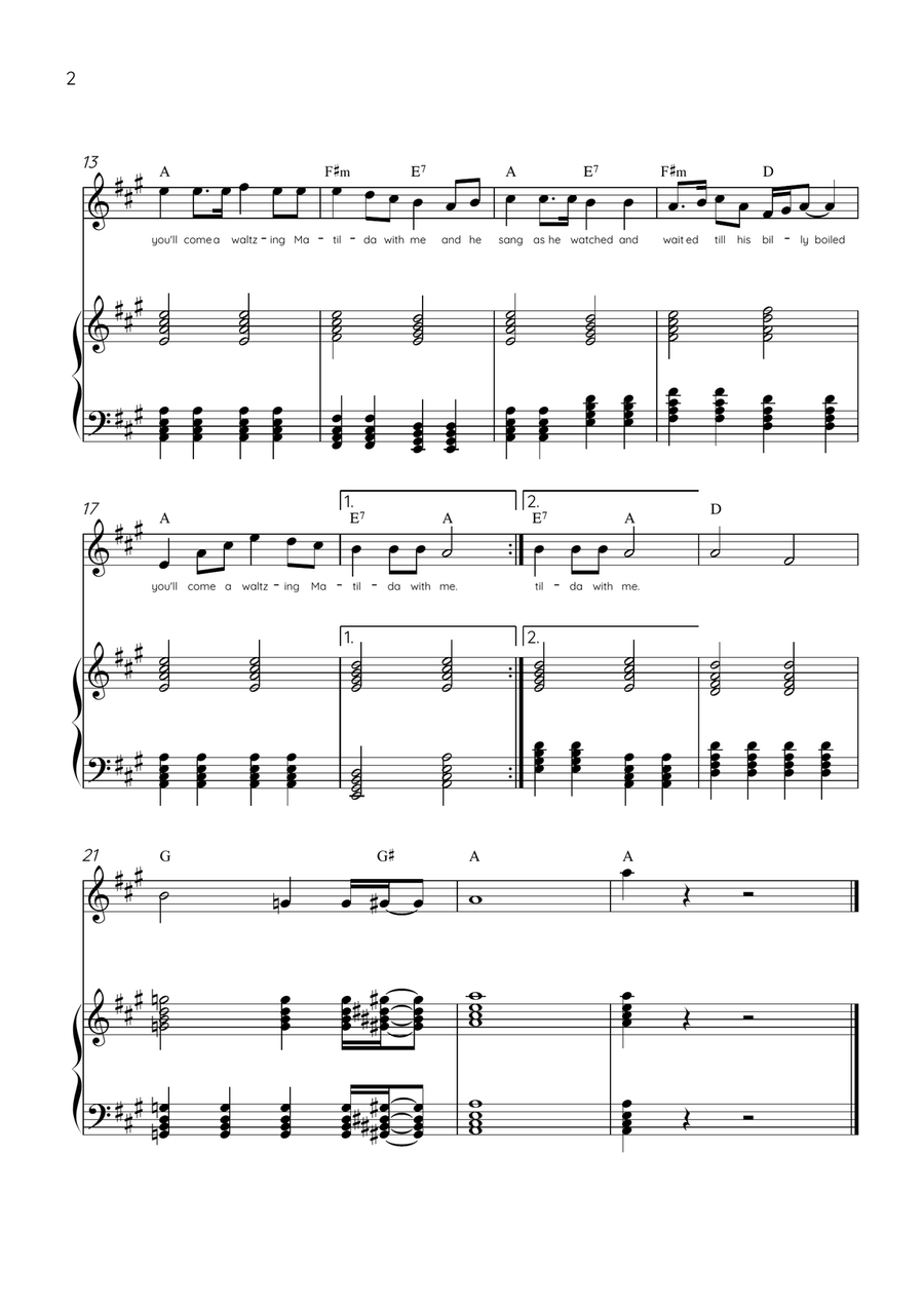 Waltzing Matilda - Violin & Piano in A Major With Lyrics & Chords Violin Solo scores gallery preview page 2
