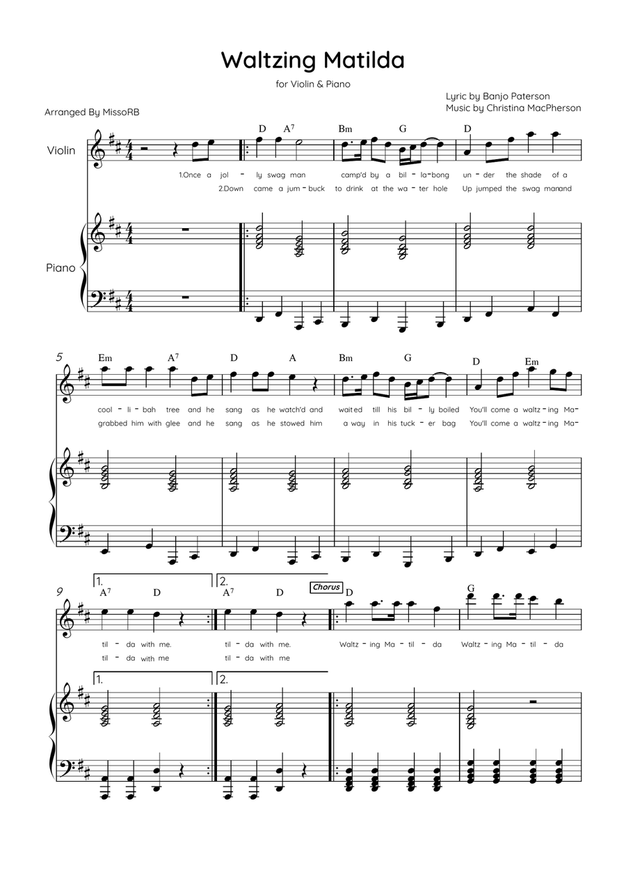 Waltzing Matilda - Alto Sax & Piano in D Major With Lyrics & Chords Alto Saxophone scores gallery preview page 1